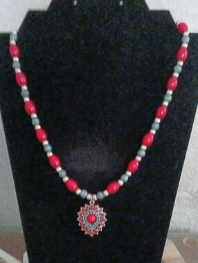 Handcrafted Red, Turquoise, And Silver Beaded Pendant Necklace